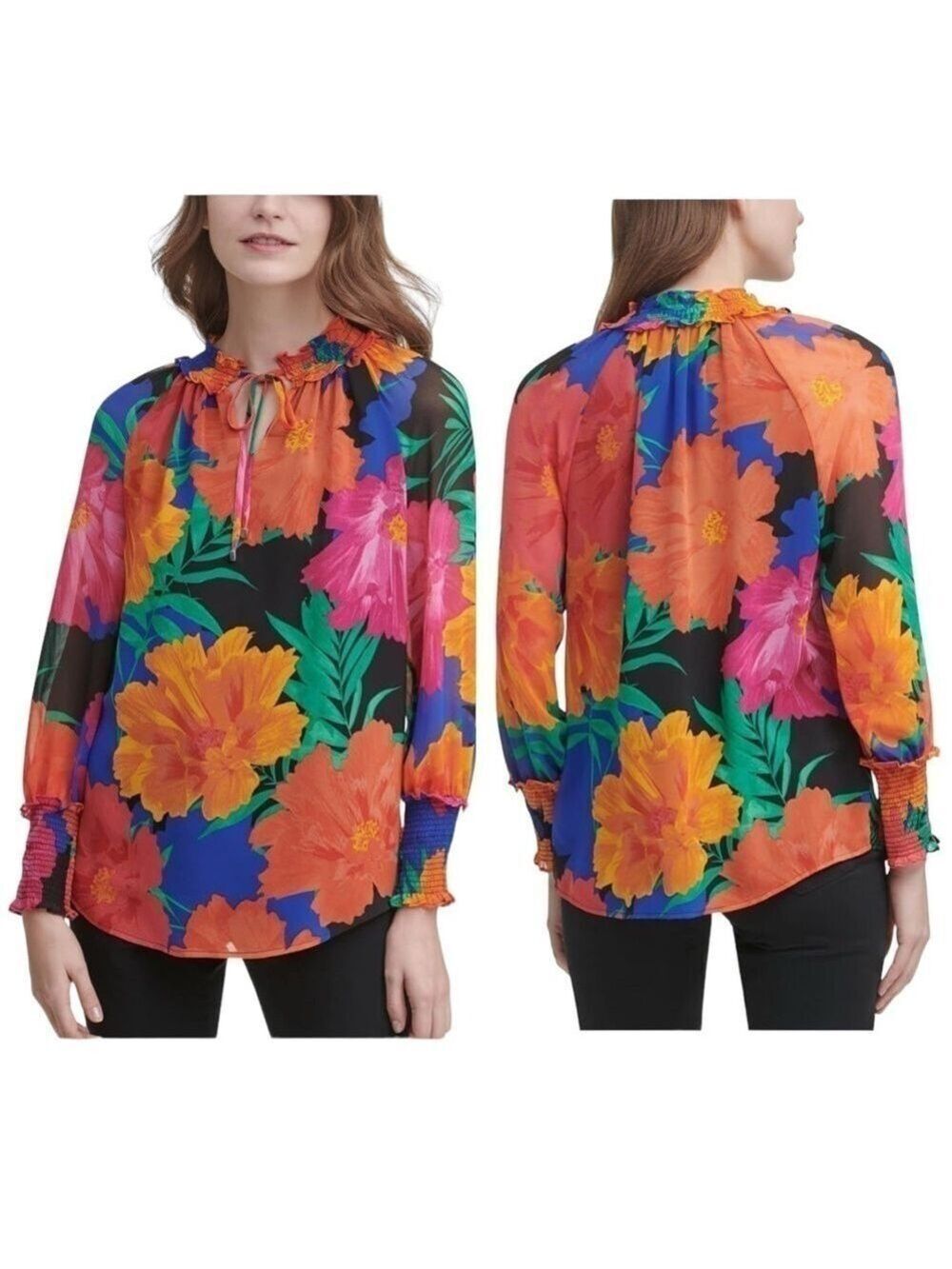 Calvin Klein Floral Long Sleeve Blouse Ruffles and Tie Size S Women’s